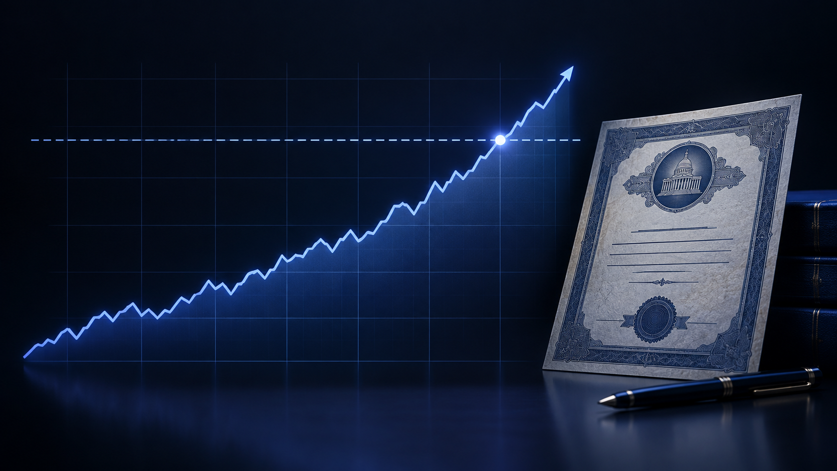 A rising 10-year Treasury yield line breaking upward through a marked horizontal threshold, beside a stylised US Treasury certificate, on a dark indigo background