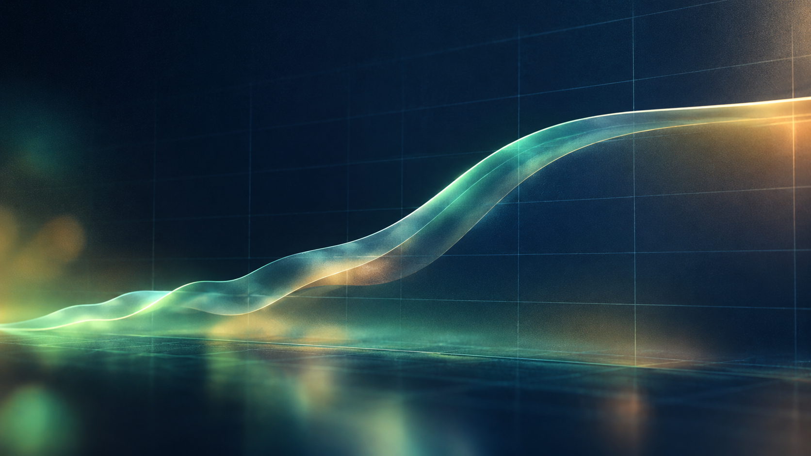 Abstract MacroOdds illustration of a luminous teal and amber line rising steeply and then flattening across a faint dark grid, standing for a core PCE inflation rate that is still climbing but losing momentum