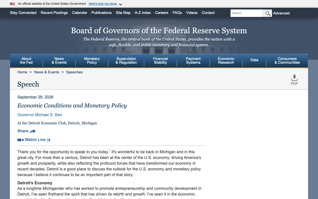 Screenshot of the Federal Reserve Board speech page for Governor Michael S. Barr, Economic Conditions and Monetary Policy, delivered at the Detroit Economic Club on September 29, 2026
