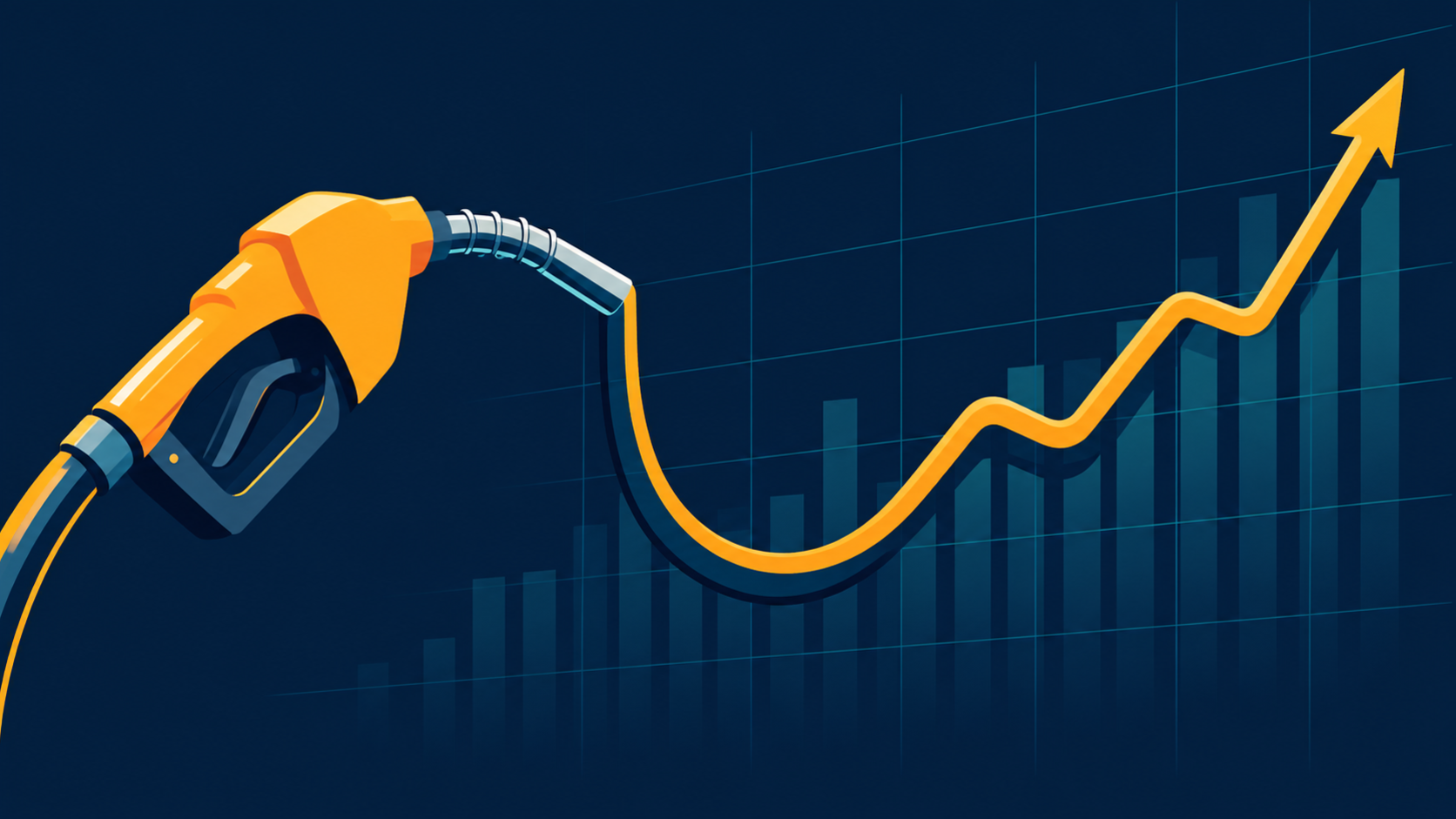 Flat illustration of a fuel pump nozzle whose hose curves into a rising line graph over a faint price grid, for the September 2026 CPI prediction
