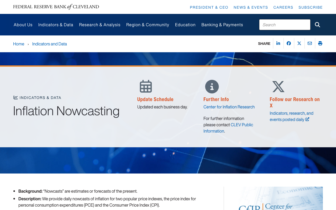 Federal Reserve Bank of Cleveland Inflation Nowcasting page, which publishes daily nowcasts of the Consumer Price Index and the PCE price index and is updated each business day
