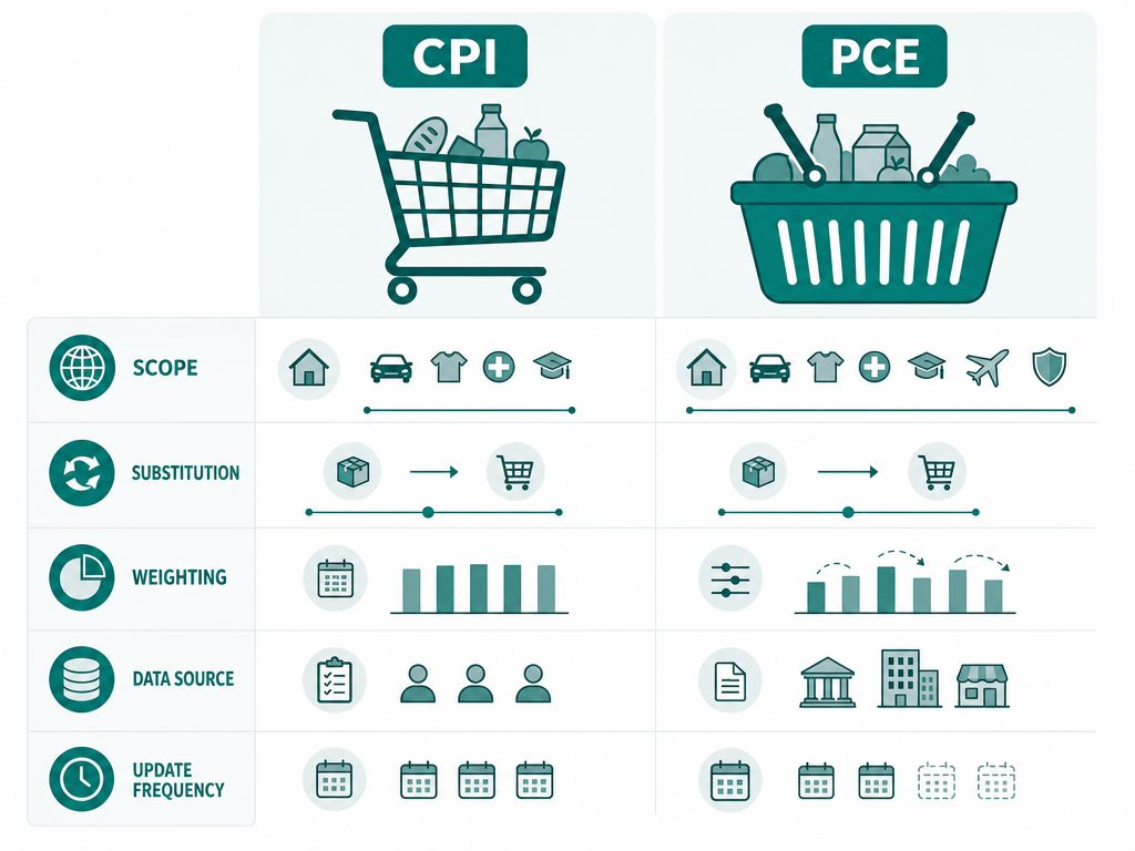 Comparison infographic of CPI versus PCE scope and weighting