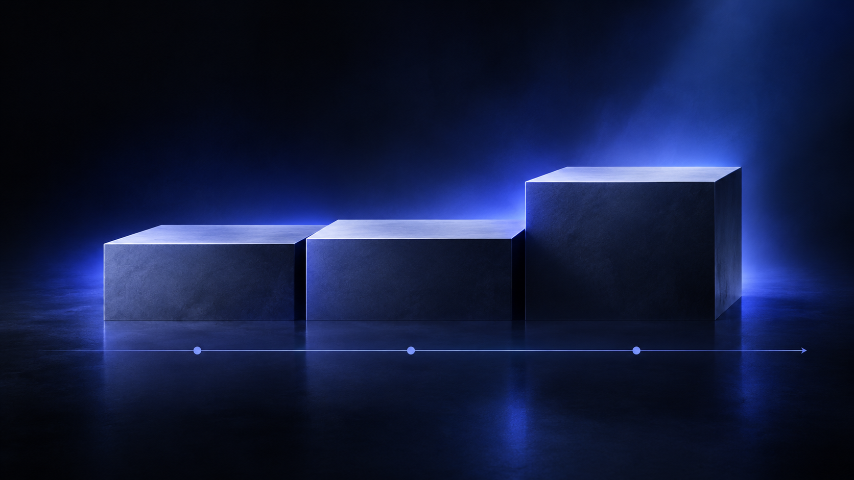 Three abstract stepped platforms on a dark indigo background, the first two level with each other and only the third stepping up, above a faint horizontal rate axis