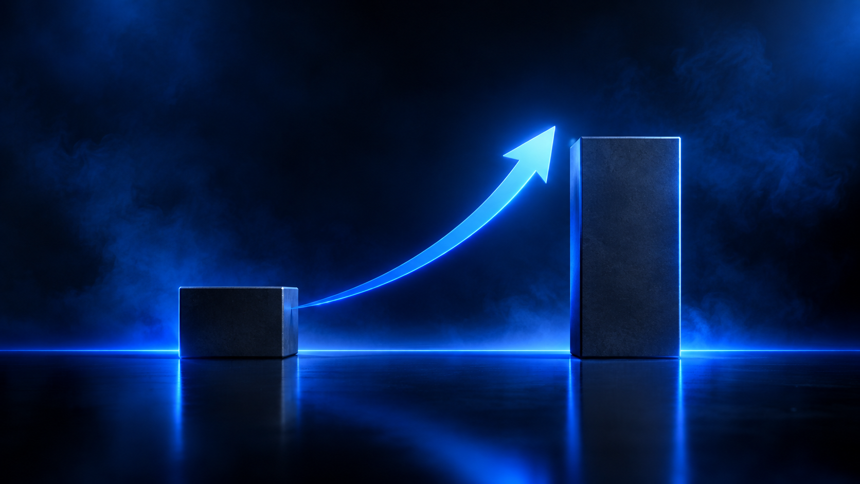 Two dark blocks on a glowing blue floor, a low one on the left and a much taller one on the right, with a bright blue arrow curving upward between them