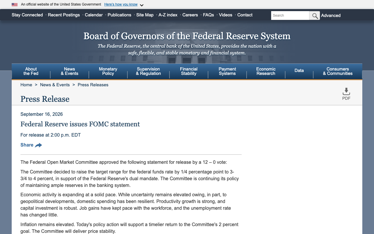 Federal Reserve press release page dated September 16, 2026 headed Federal Reserve issues FOMC statement, opening with the line that the Committee approved the statement by a 12 to 0 vote and raised the target range by a quarter point to 3-3/4 to 4 percent