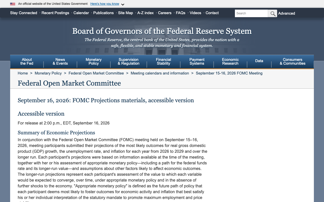 Federal Reserve page headed September 16, 2026: FOMC Projections materials, accessible version, showing the Summary of Economic Projections release note for the September 15 to 16, 2026 meeting and the projections submitted for 2026 through 2029 and the longer run