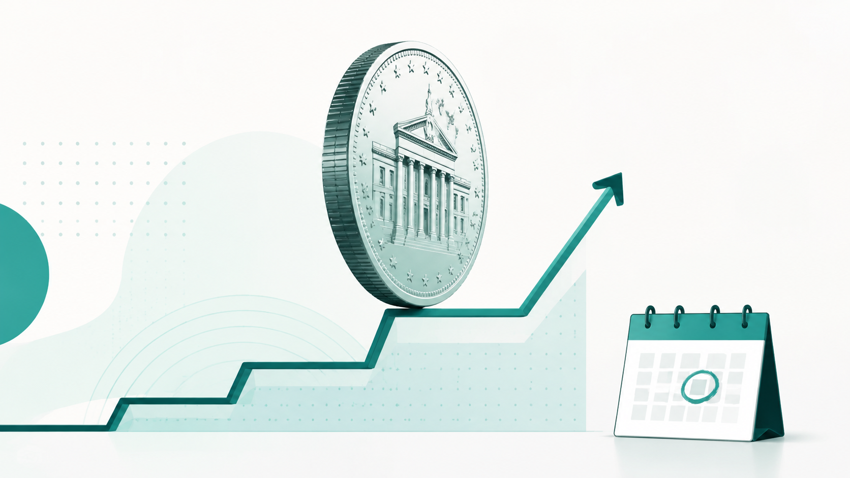 A coin balanced on edge above a rising interest-rate step chart beside a calendar marking the September FOMC date