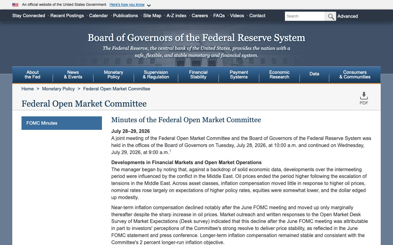 Federal Reserve website showing the Minutes of the Federal Open Market Committee for July 28 to 29, 2026