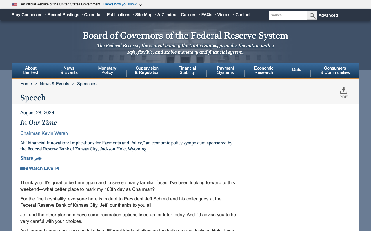 Federal Reserve speech page for Chairman Kevin Warsh, In Our Time, delivered at the Jackson Hole symposium on August 28, 2026