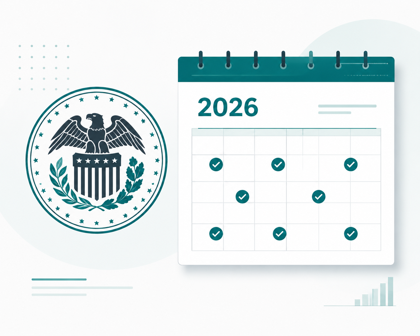 Illustration of the Federal Reserve seal beside a 2026 meeting calendar