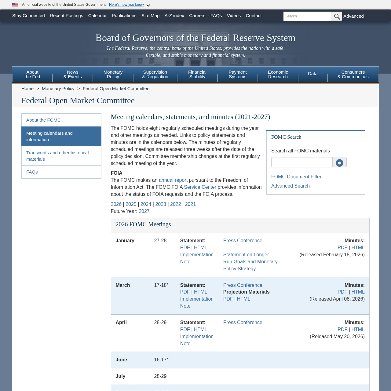 Federal Reserve official FOMC meeting calendar page