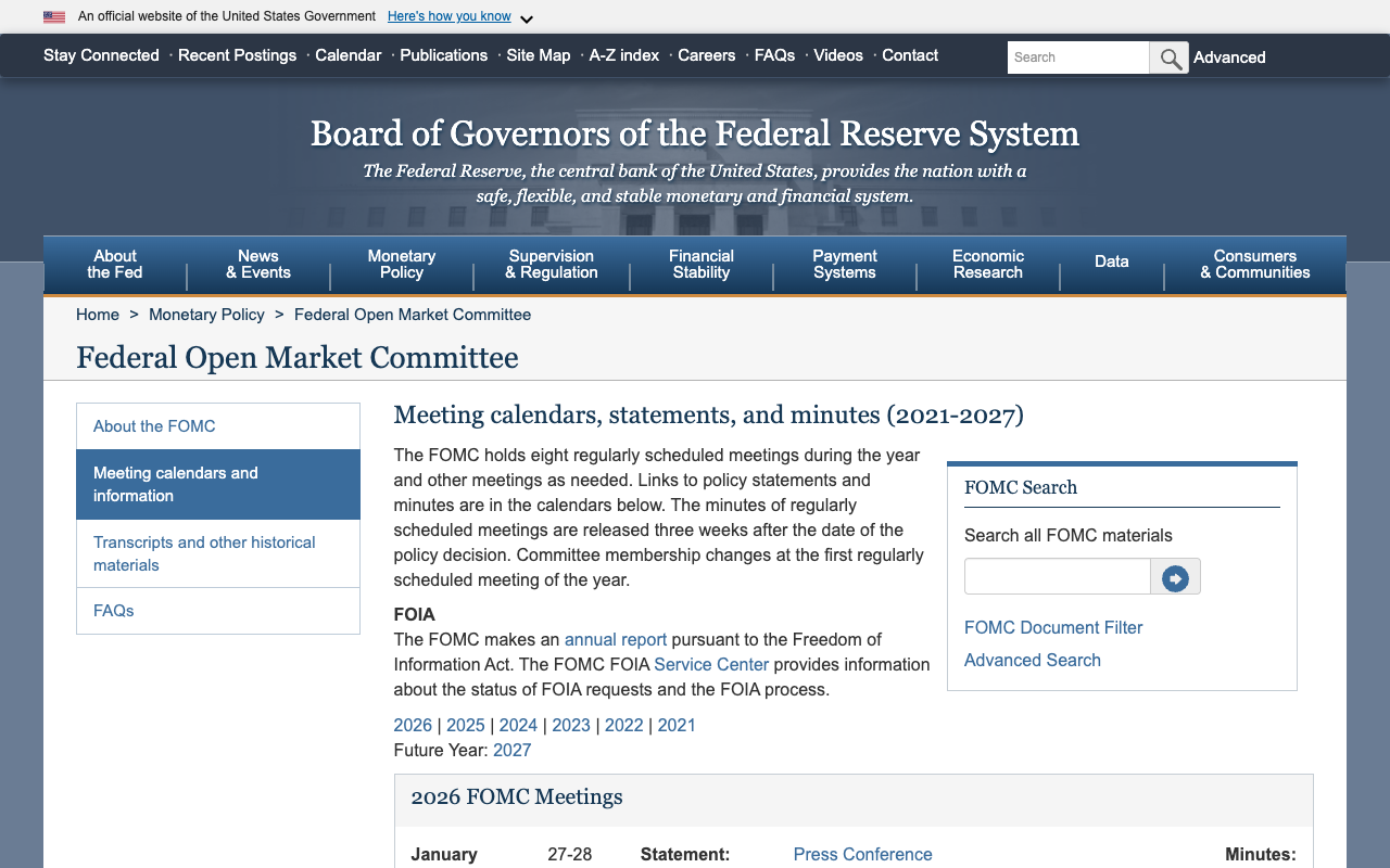 Screenshot of the Federal Reserve's Meeting calendars, statements, and minutes page, listing years 2021 to 2026 with a Future Year link for 2027, and stating that the FOMC holds eight regularly scheduled meetings during the year and that minutes are released three weeks after the date of the policy decision