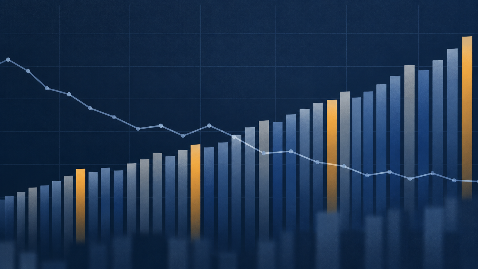 Flat illustration of rising payroll bars crossed by a falling unemployment line over a faint grid, for the September 2026 jobs report prediction