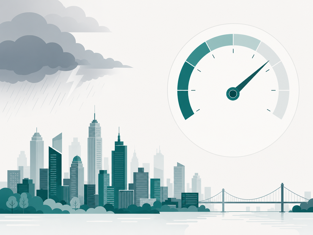 Illustration of storm clouds over a city skyline with a recession probability gauge