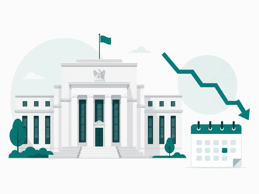 Illustration of the Federal Reserve building with a falling interest-rate path