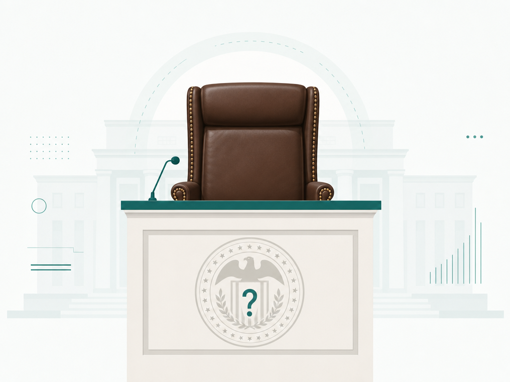 Illustration of an empty Federal Reserve chair with a question mark