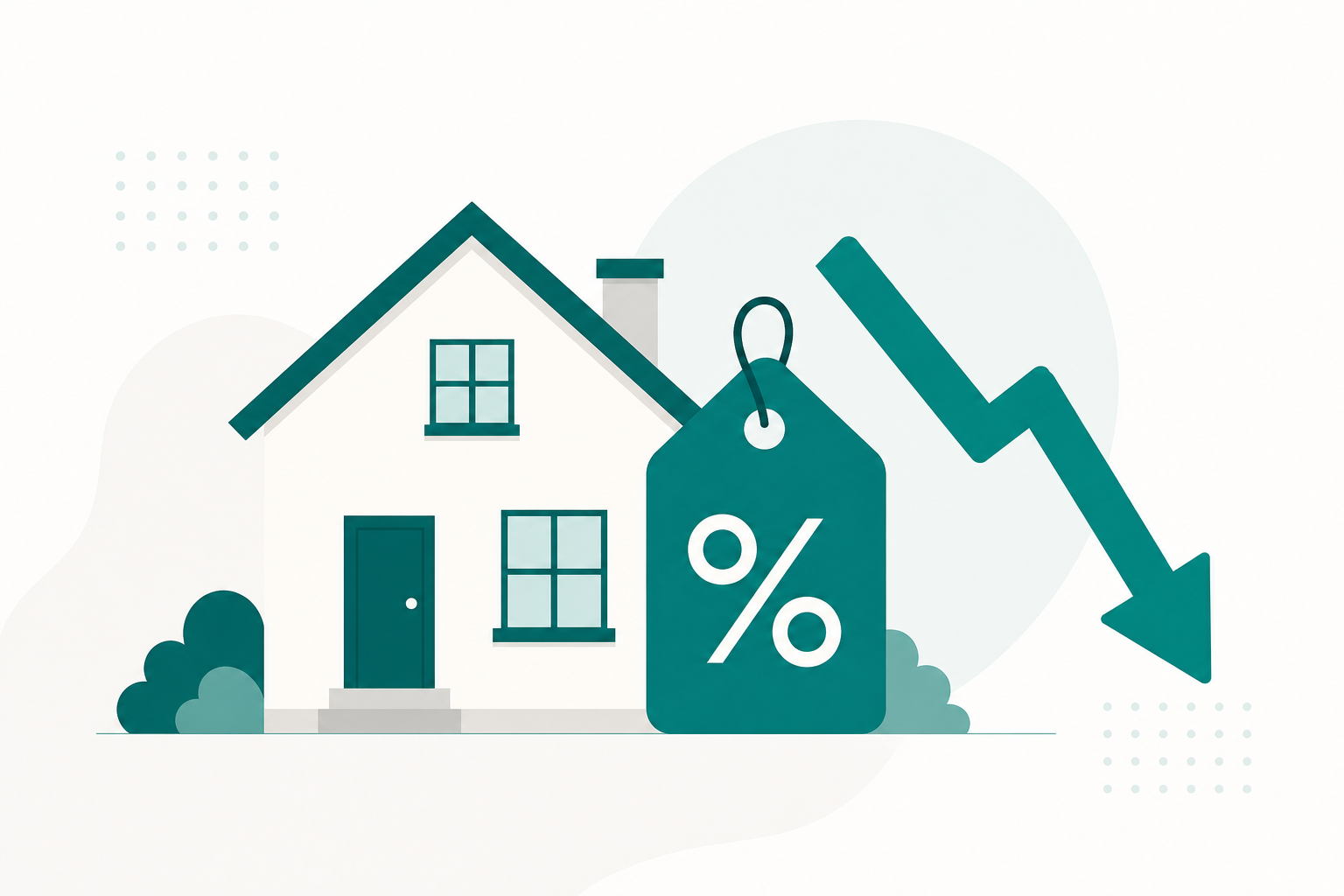 Illustration of a house with a falling mortgage-rate percentage tag